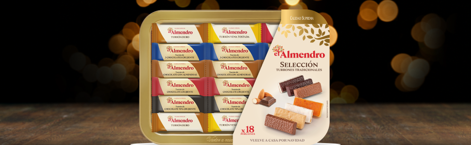 Bandeja con Selección de Turrones Tradicionales El Almendro, Turrón Tradicional con Miel y Almendras Seleccionadas, Receta Tradicional Desde 1880, 18 Turrones Envasados Individualmente, 400 Gramos
