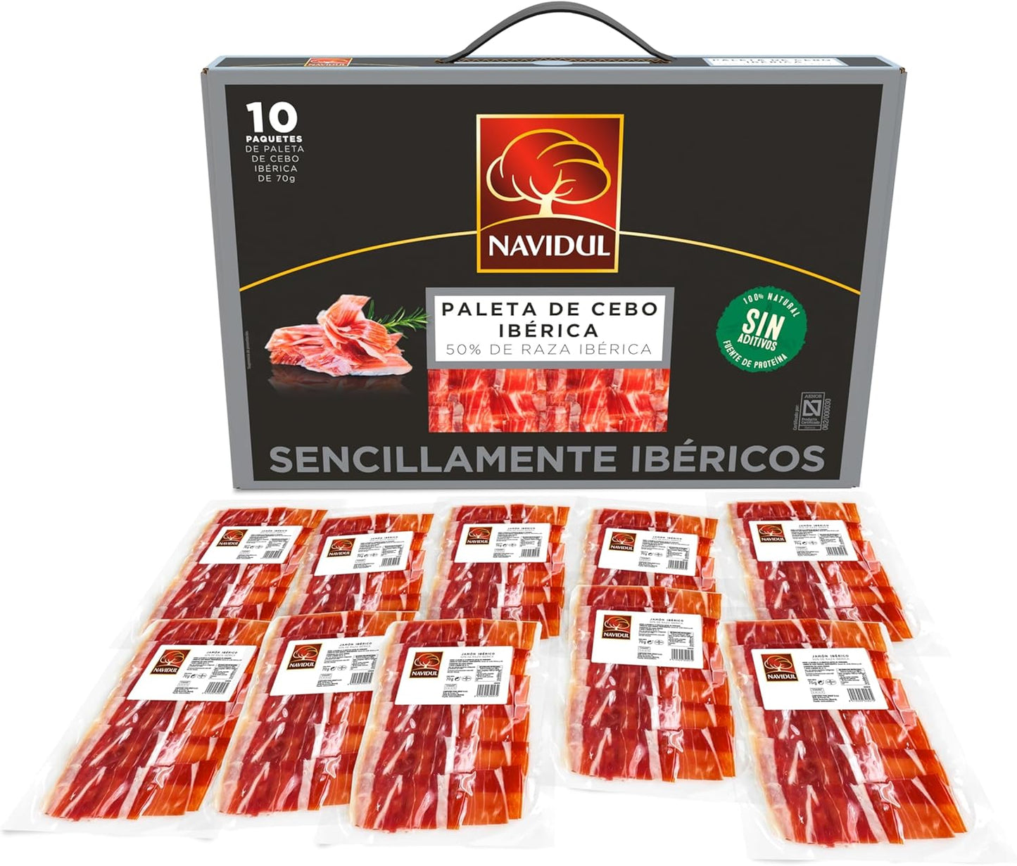 Navidul - Maletín de Paleta de Cebo Ibérica (50% raza ibérica) freshpack envasado al vacío - 10x70g, Total 700g