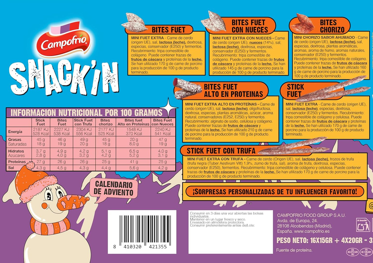 Calendario de Adviento Navidad Snack’IN Campofrío. Incluye fuetitos variados y sorpresas de Lola Lolita, 320 g