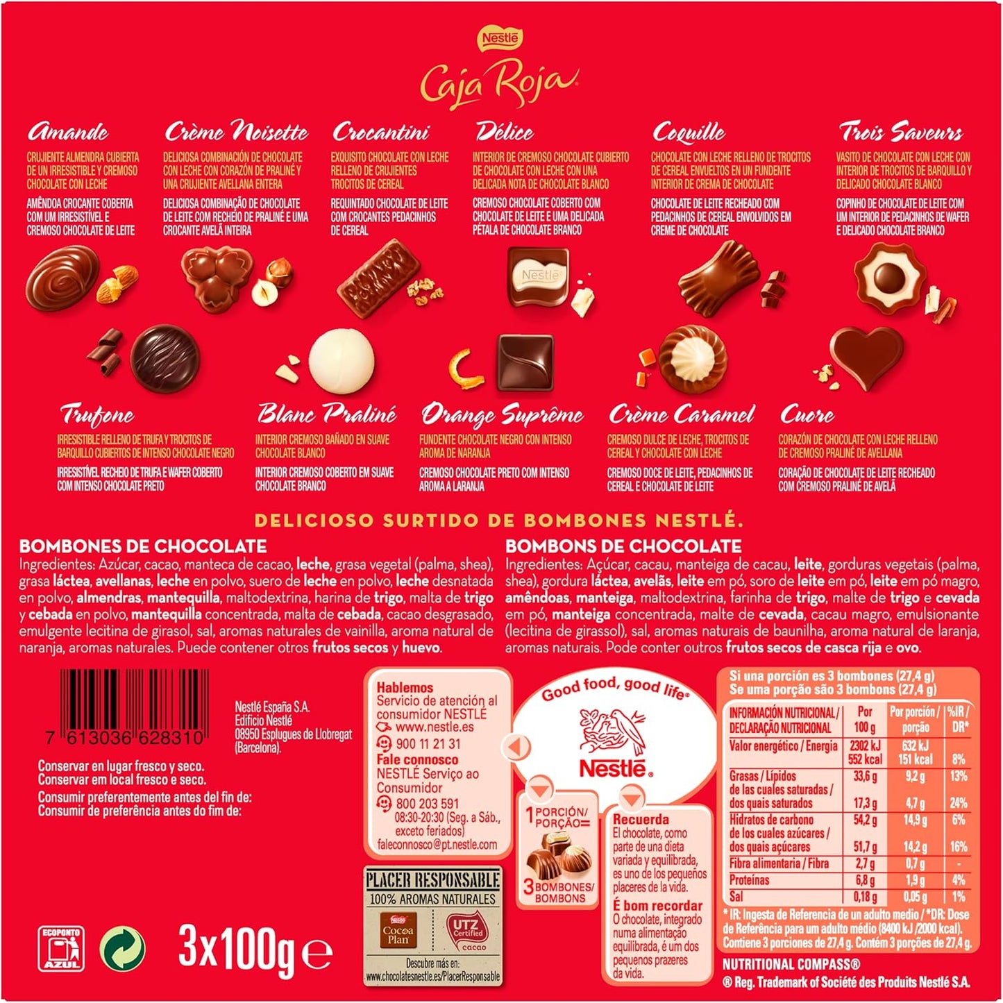 Nestlé - Caja Roja, Bombones Chocolate con Leche (3 x 100 g), Lote 2+1.