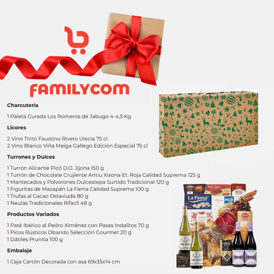 Cesta Navidad Gourmet para regalar. Surtido con Paleta Curada y Chocolates originales de regalo. Lote de Turrón, Trufas, Mantecados, Jamón , Selección de Vinos , Dátiles y Barquillos.