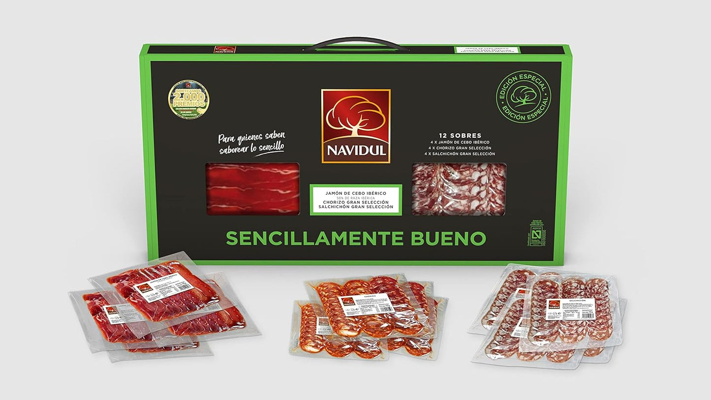 Navidul Maletín de Jamón de Cebo Ibérico 4x75g, Chorizo Gran selección 4x75g y Salchichón Gran selección. Freshpack envasado al vacío - 4x75g Total 900 gr
