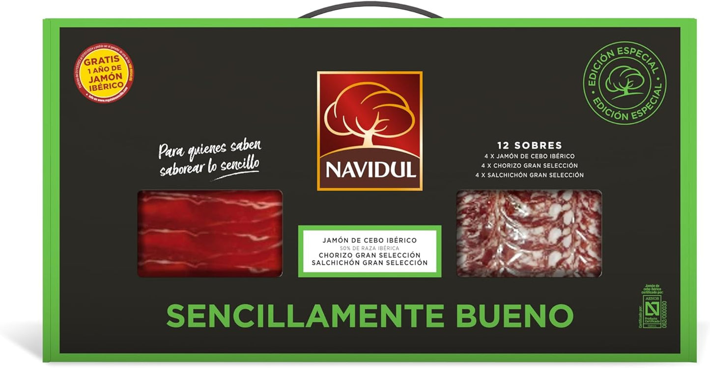 Navidul Maletín de Jamón de Cebo Ibérico 4x75g, Chorizo Gran selección 4x75g y Salchichón Gran selección. Freshpack envasado al vacío - 4x75g Total 900 gr