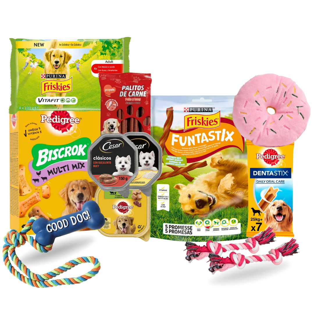 Caja Gourmet para Perros Navidad – Cesta de Regalo Friskies con Snacks Naturales, Golosinas Premium y Juguetes – Pienso y Chuches para Mascotas