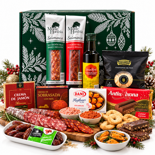 Cesta de Navidad para regalar - Lote Gourmet con Ibéricos de regalo - Surtido de Ibéricos, Turrón, Mejillones, Aceite De Oliva Virgen, Dátiles