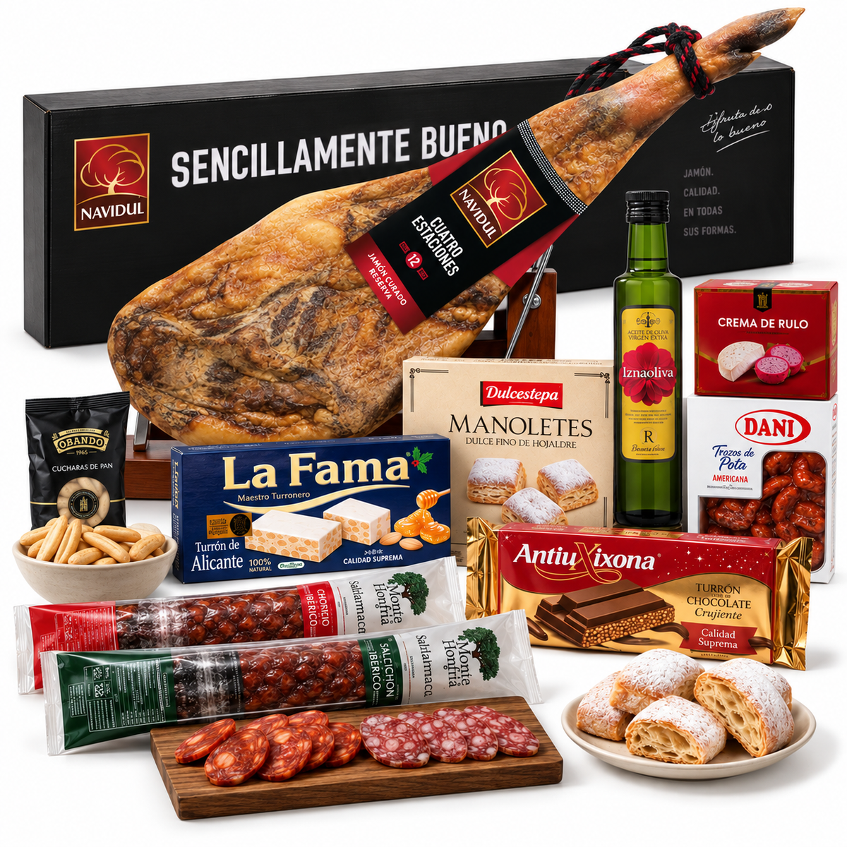 Cesta Navidad Gourmet para regalar. Surtido con Jamon 4 estaciones Navidul y Chocolates originales de regalo.