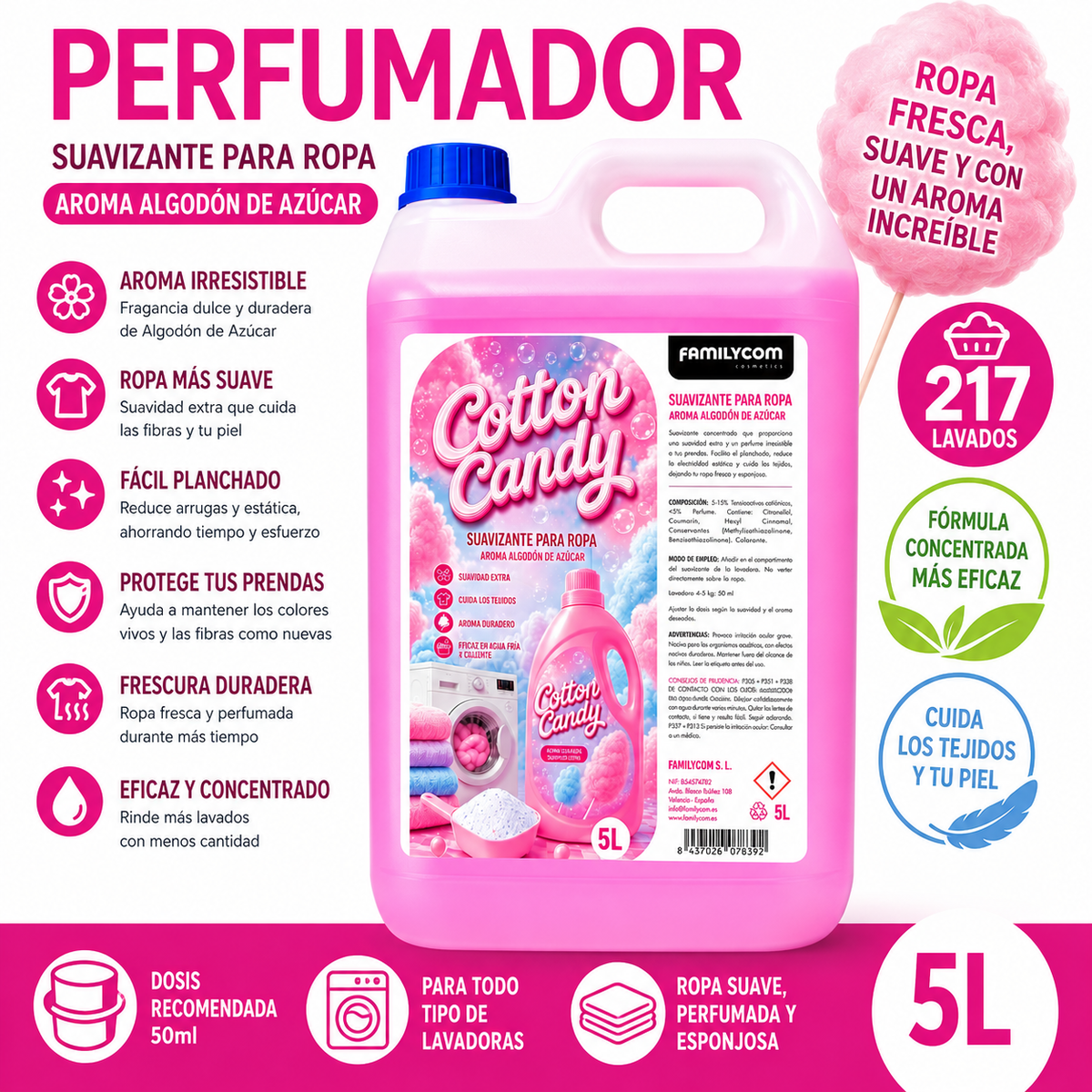 Suavizante algodón de azúcar - Perfumador Ropa - Suavizante Concentrado para la Ropa - Frescor intenso y duradero - 217 lavados - 5 litros