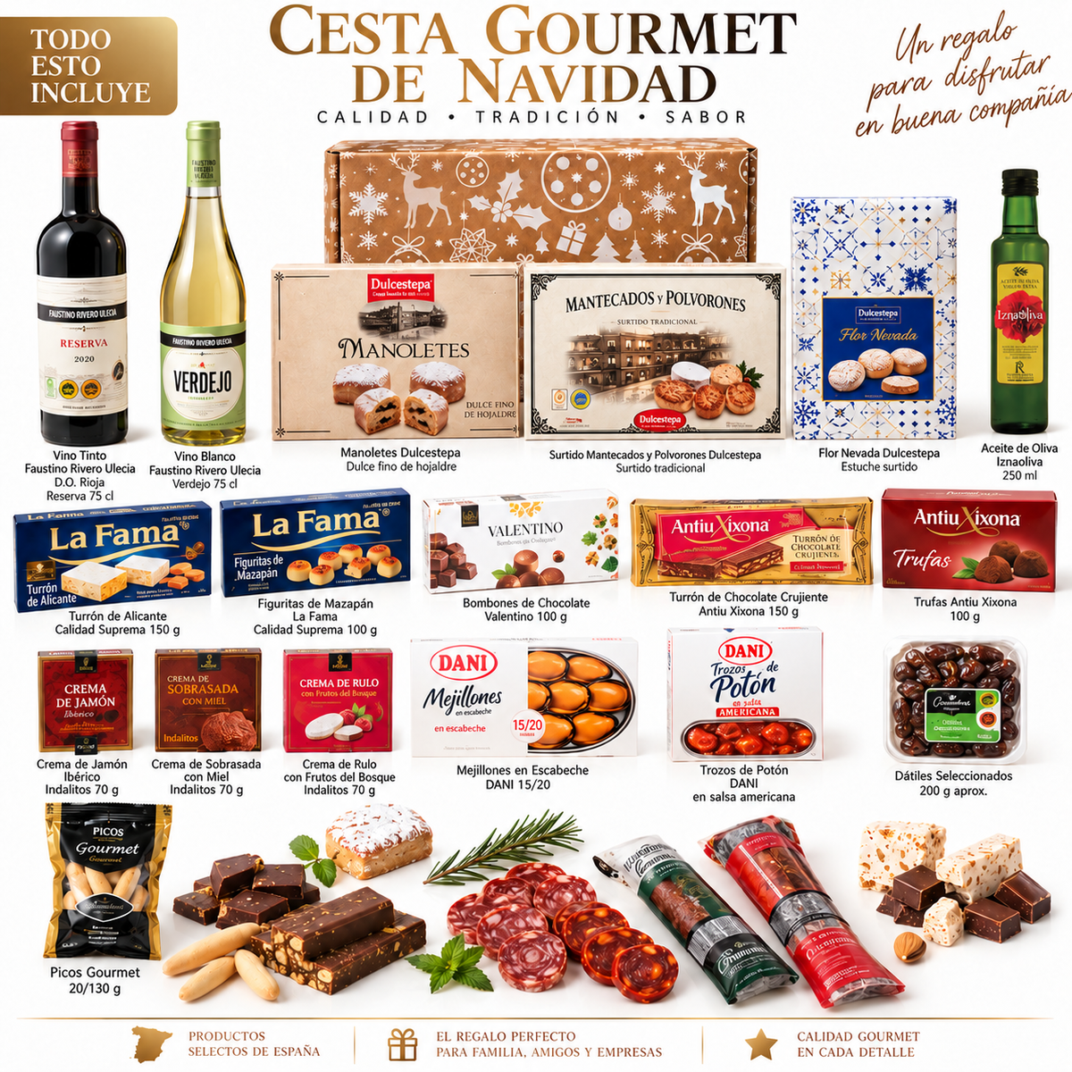 Cesta de Navidad para regalar - Lote gourmet con Ibéricos de regalo