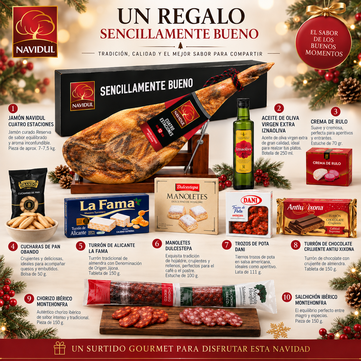 Cesta Navidad Gourmet para regalar. Surtido con Jamon 4 estaciones Navidul y Chocolates originales de regalo.