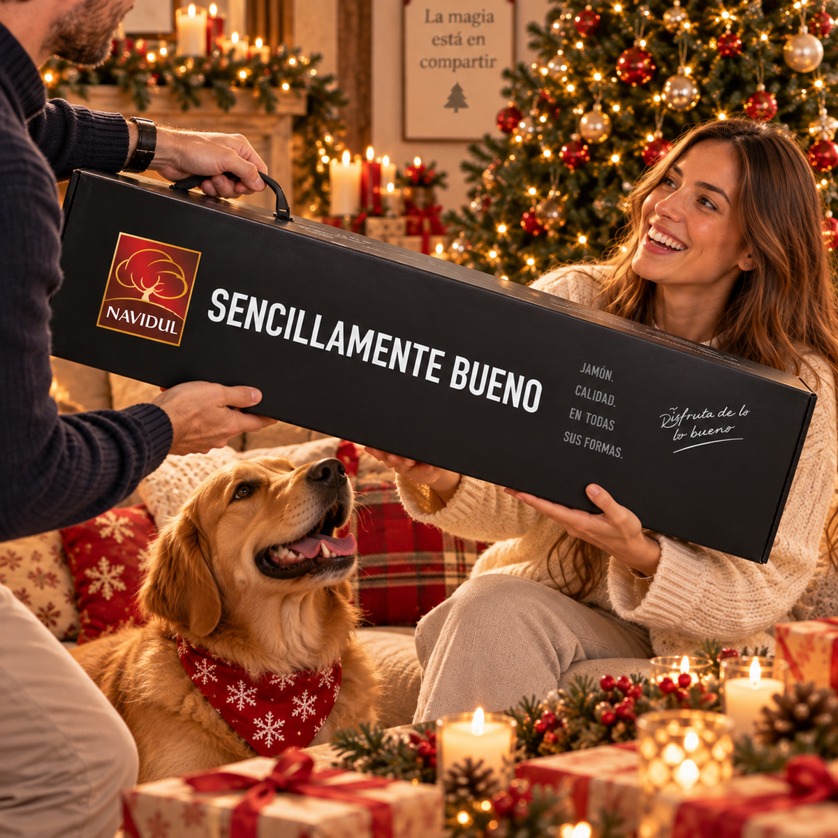 Cesta Navidad Gourmet para regalar. Surtido con Jamon 4 estaciones Navidul y Chocolates originales de regalo.