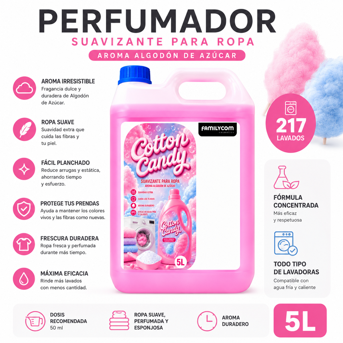 Suavizante algodón de azúcar - Perfumador Ropa - Suavizante Concentrado para la Ropa - Frescor intenso y duradero - 217 lavados - 5 litros