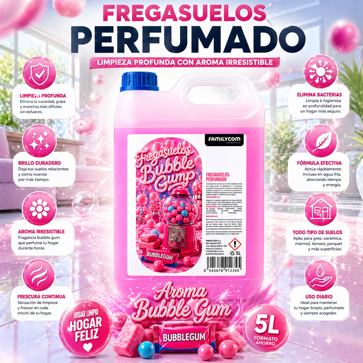 Fregasuelos Concentrado Perfumado Duradero Aroma Chicle Bubble Gum - Limpieza, Brillo e Higiene - Limpiasuelos pH Neutro para Todo Tipo de Suelos y Superficies Delicadas - 5 Litros