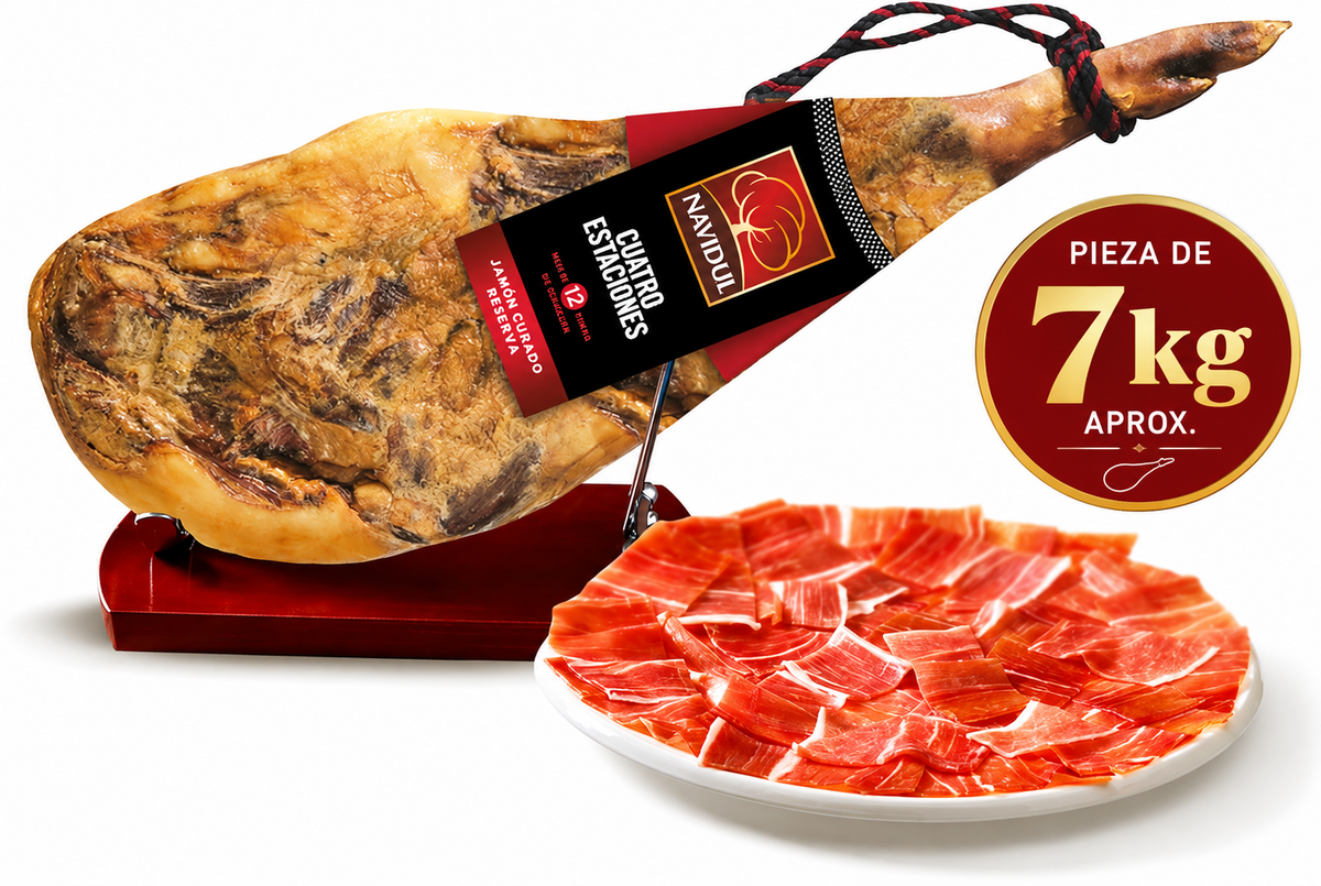 Cesta Navidad Gourmet para regalar. Surtido con Jamon 4 estaciones Navidul y Chocolates originales de regalo.