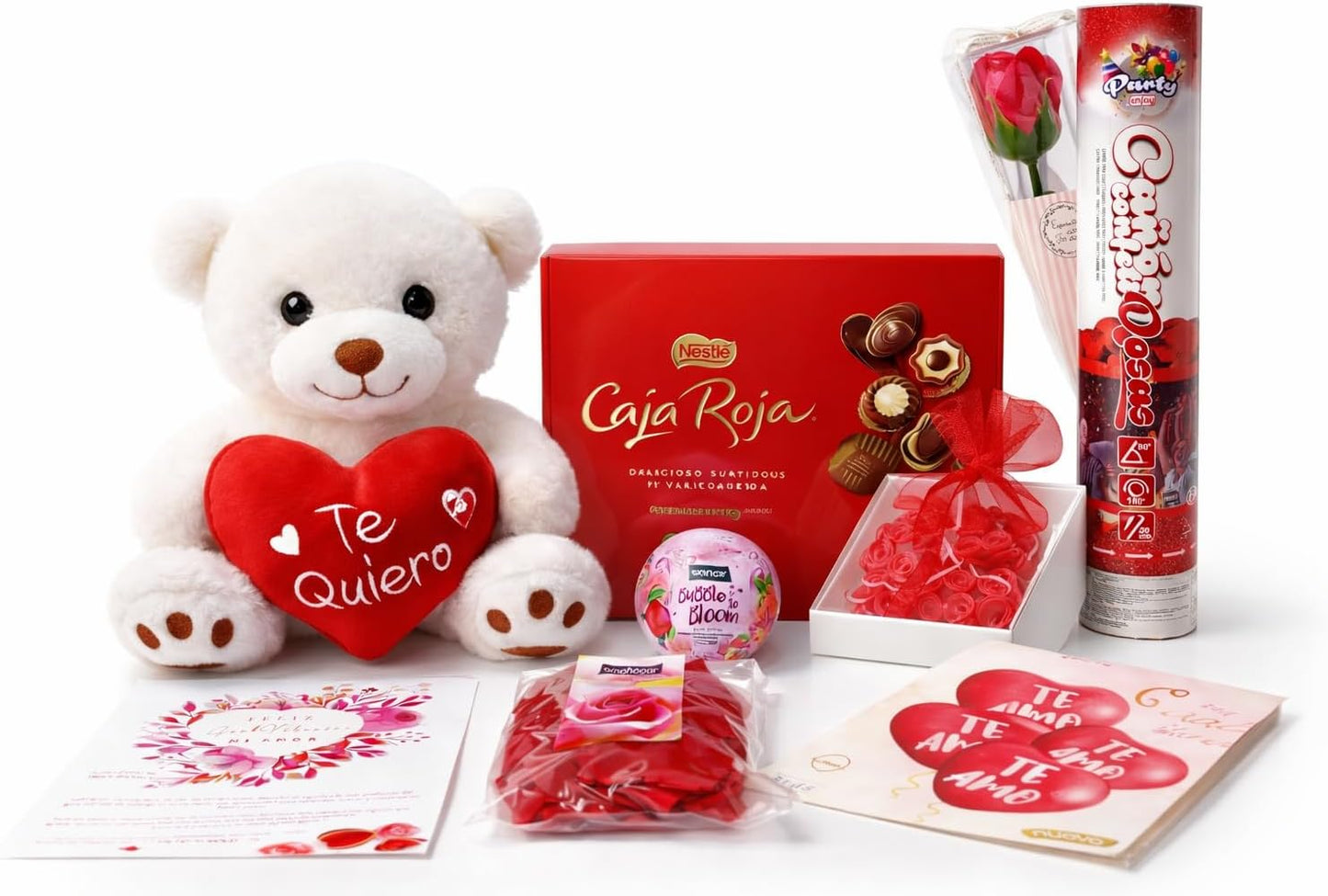 Regalo san valentin caja roja. Surtido con Chocolates originales de regalo. Bombones Ferrero Rocher. Peluche corazon, Rosa de Amor, Pluma Masaje, Cava ,Velas. San Valentin