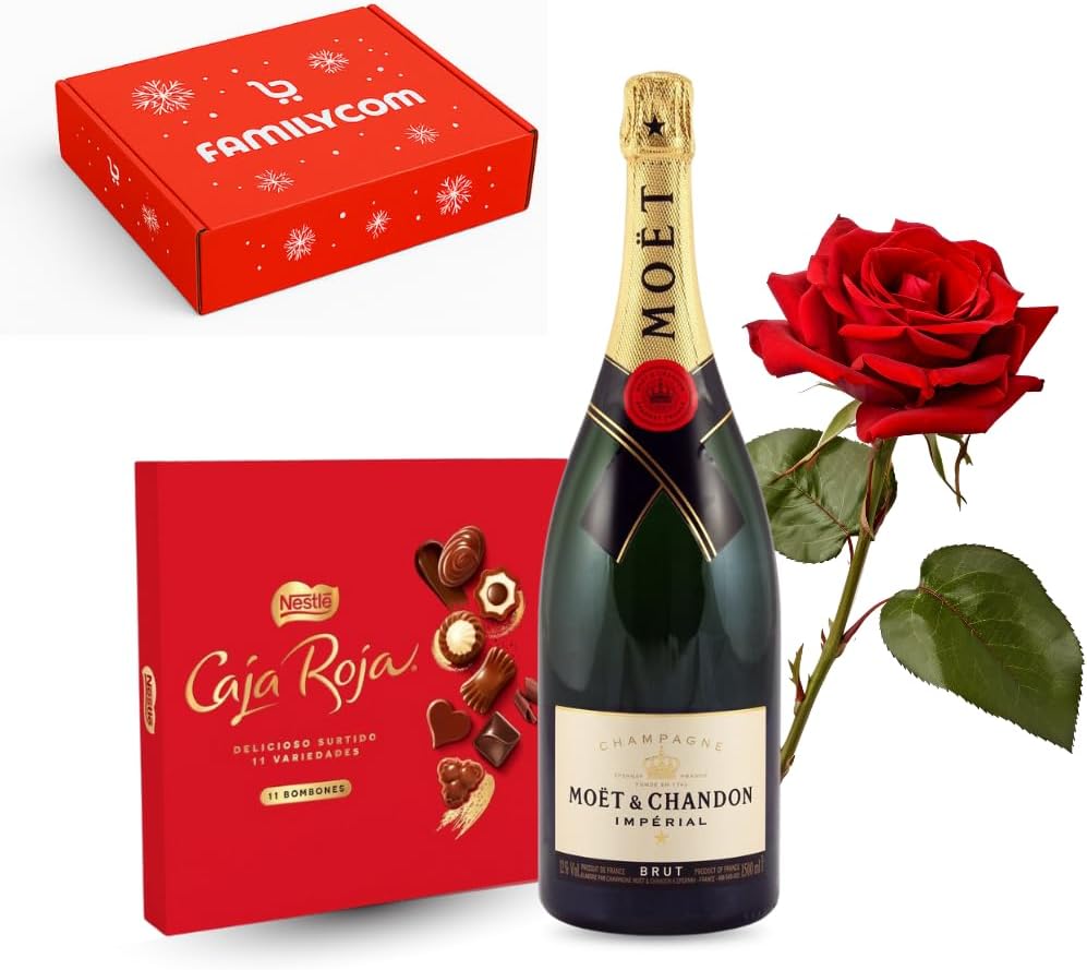 Regalo San Valentin Hombre, Mujer - Caja Roja Nestle y Moët & Chandon - Cesta Original con Bombones de Chocolate Para Regalar, Flor Roja y Cava.