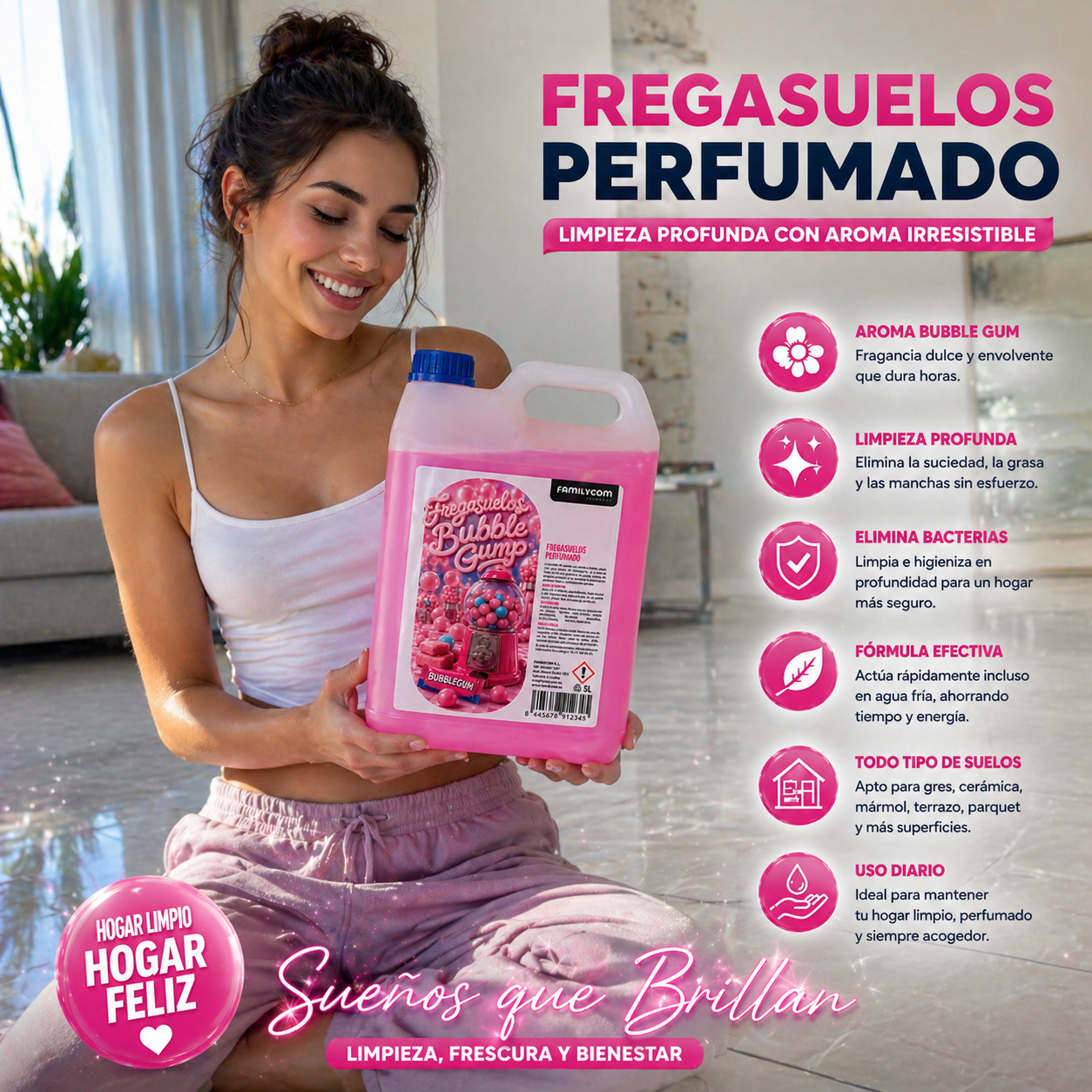 Fregasuelos Concentrado Perfumado Duradero Aroma Chicle Bubble Gum - Limpieza, Brillo e Higiene - Limpiasuelos pH Neutro para Todo Tipo de Suelos y Superficies Delicadas - 5 Litros
