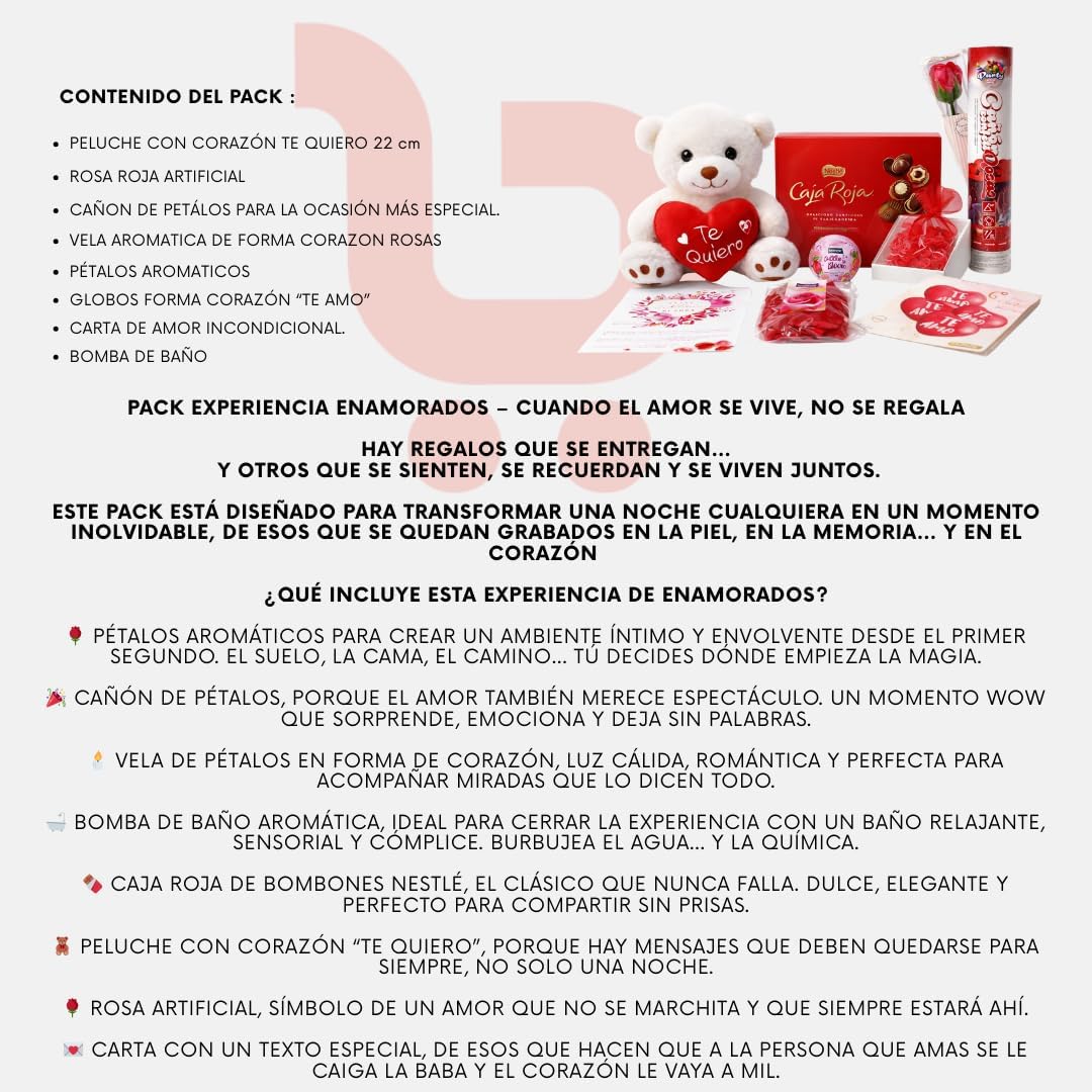 Regalo san valentin caja roja. Surtido con Chocolates originales de regalo. Bombones Ferrero Rocher. Peluche corazon, Rosa de Amor, Pluma Masaje, Cava ,Velas. San Valentin