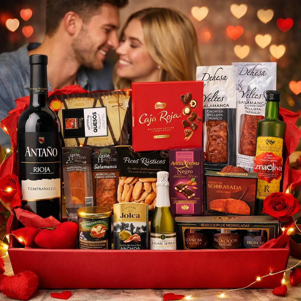 Cesta San Valentin para regalar. Lote Gourmet con Ibéricos de regalo. Empresa y Particular. Surtido de Bombones, chocolate, Vino, Embutidos, Aceite De Oliva Virgen. Regalo para parejas