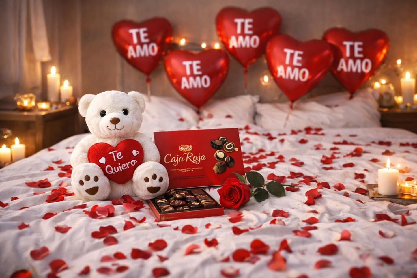 Regalo san valentin caja roja. Surtido con Chocolates originales de regalo. Bombones Ferrero Rocher. Peluche corazon, Rosa de Amor, Pluma Masaje, Cava ,Velas. San Valentin