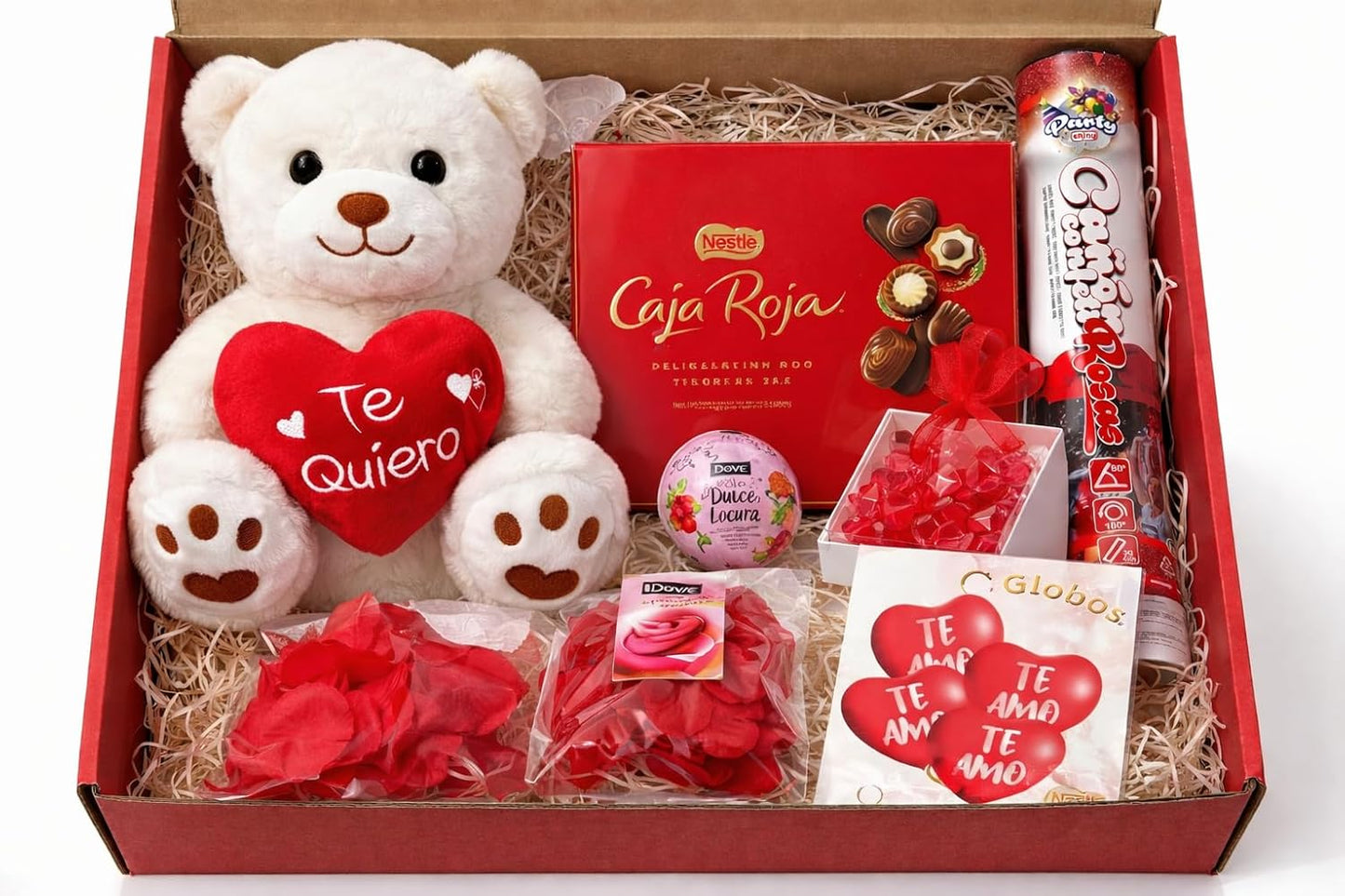 Regalo san valentin caja roja. Surtido con Chocolates originales de regalo. Bombones Ferrero Rocher. Peluche corazon, Rosa de Amor, Pluma Masaje, Cava ,Velas. San Valentin