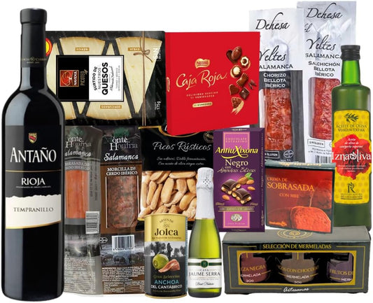 Cesta San Valentin para regalar. Lote Gourmet con Ibéricos de regalo. Empresa y Particular. Surtido de Bombones, chocolate, Vino, Embutidos, Aceite De Oliva Virgen. Regalo para parejas
