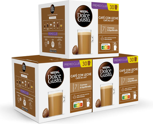 NESCAFÉ Dolce Gusto Café con Leche - Cápsulas de Café, 90 Cápsulas (3 x 30) - Intensidad 7 - Originales para cafeteras Dolce Gusto