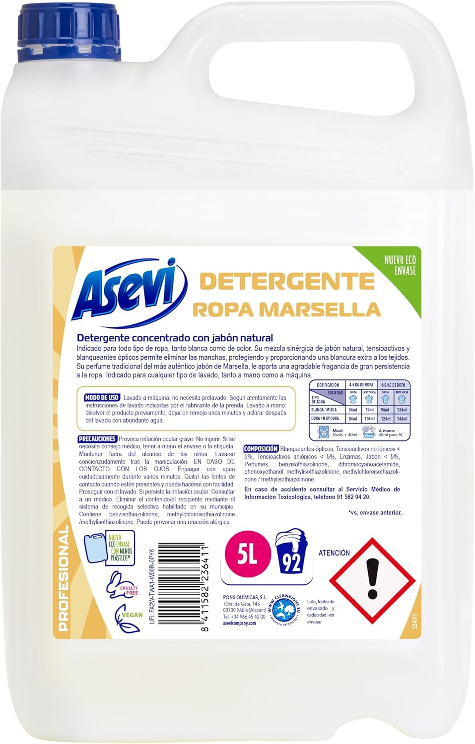Asevi Detergente Líquido para Lavadora Marsella - Detergente para Ropa Blanca y de Color con Fórmula Concentrada - Jabón Natural de Marsella para una Ropa Limpia y Cuidada - 92 Lavados