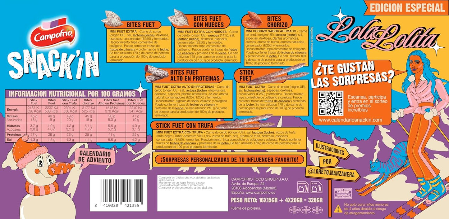 Calendario de Adviento Navidad Snack’IN Campofrío. Incluye fuetitos variados y sorpresas de Lola Lolita, 320 g