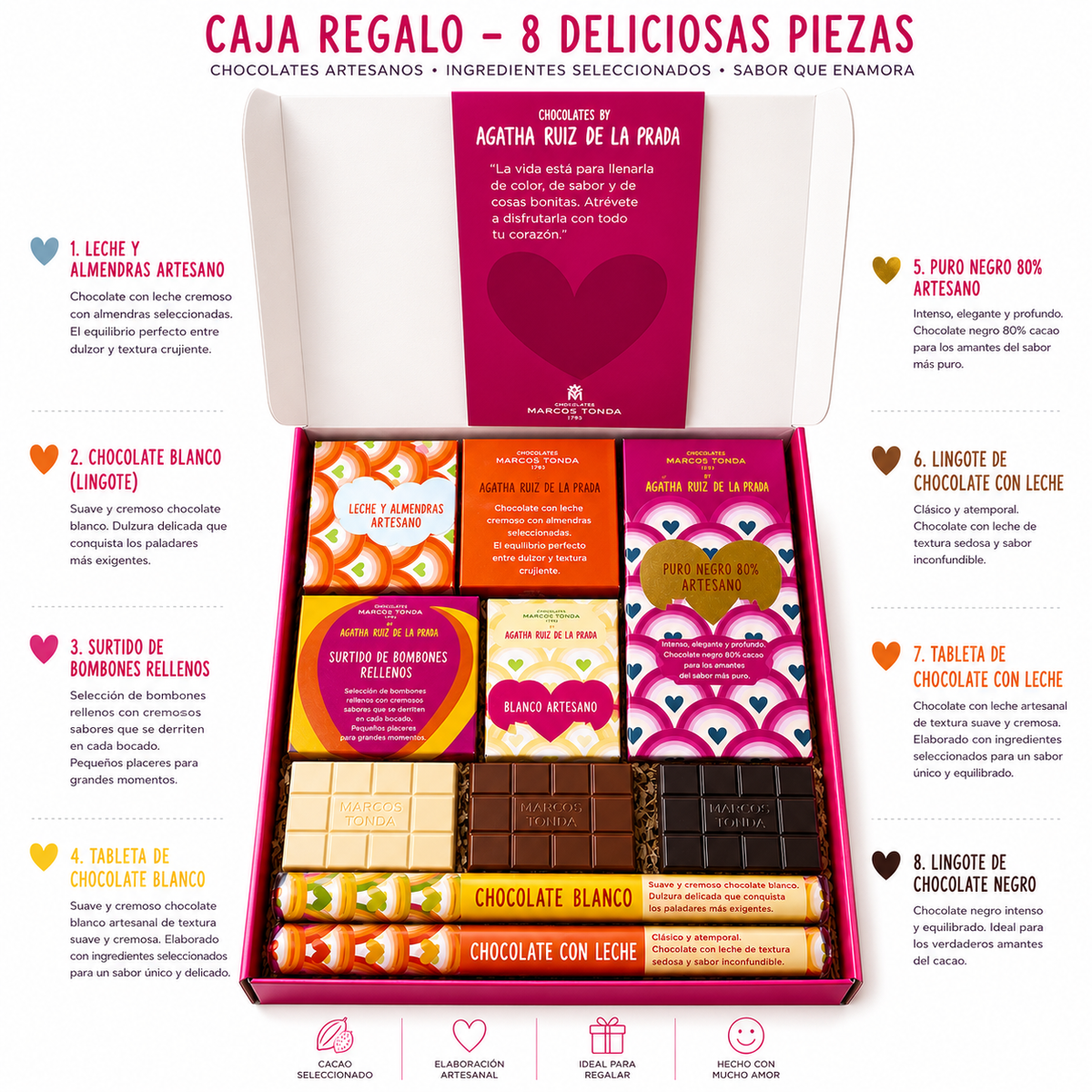 Caja Regalo Original - Cesta Gourmet de Chocolates para Regalar - Selección gourmet de 8 chocolates Premium: Surtido Bombones, Chocolates Blanco, negro, con Leche - Regalos originales Premium