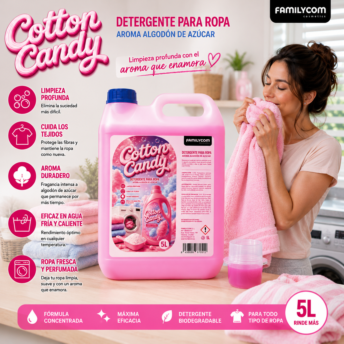 Detergente Líquido para Lavadora Algodón de azúcar, Detergente Concentrado para Ropa Blanca y de Color, 90 lavados, Jabón Natural para una Ropa Limpia, Cuidada y Perfumada