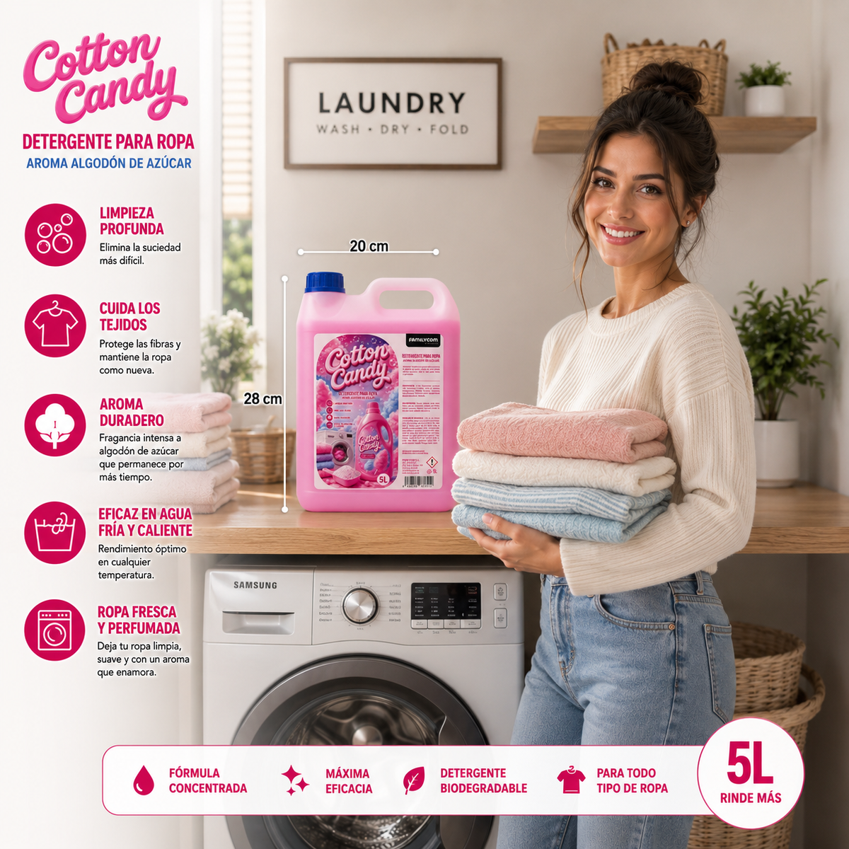 Detergente Líquido para Lavadora Algodón de azúcar, Detergente Concentrado para Ropa Blanca y de Color, 90 lavados, Jabón Natural para una Ropa Limpia, Cuidada y Perfumada