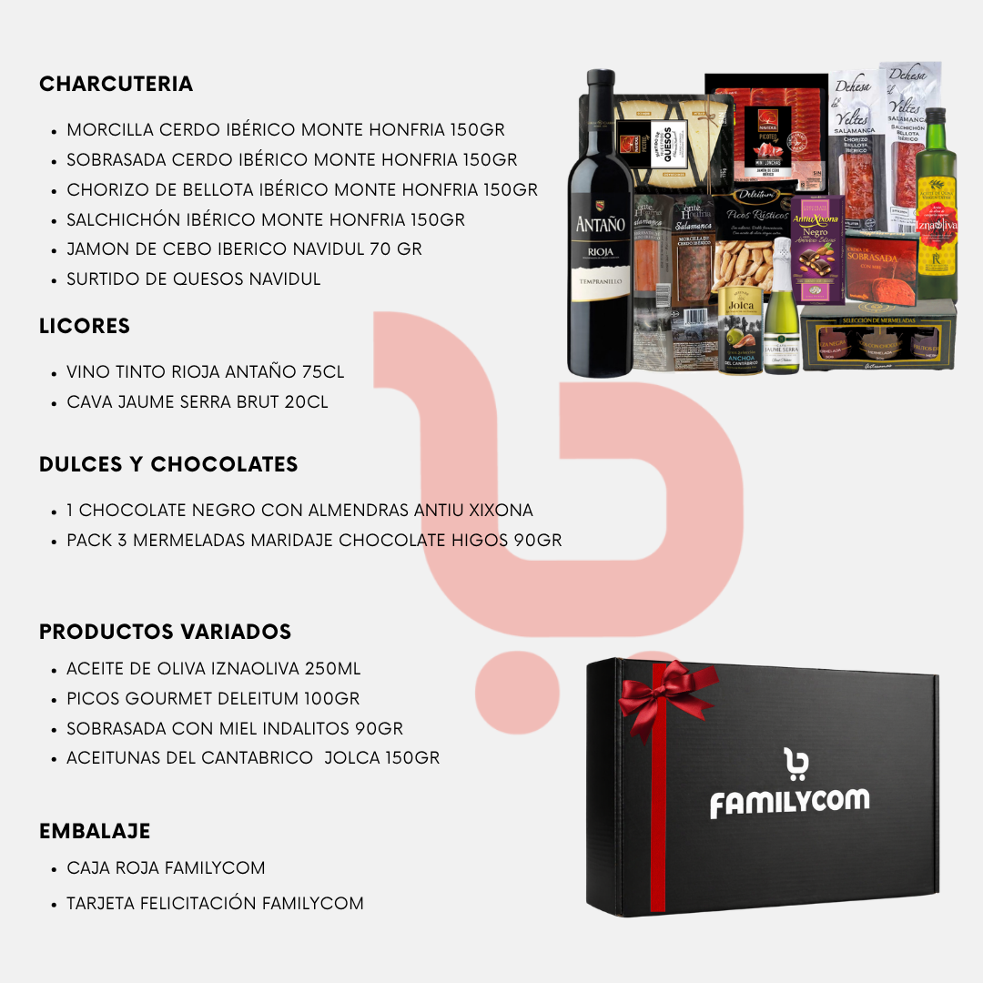 Cesta Gourmet para regalar. Lote Gourmet con Ibéricos de regalo. Empresa y Particular. Surtido de Bombones, chocolate, Vino, Embutidos, Aceite De Oliva Virgen. Regalo para parejas
