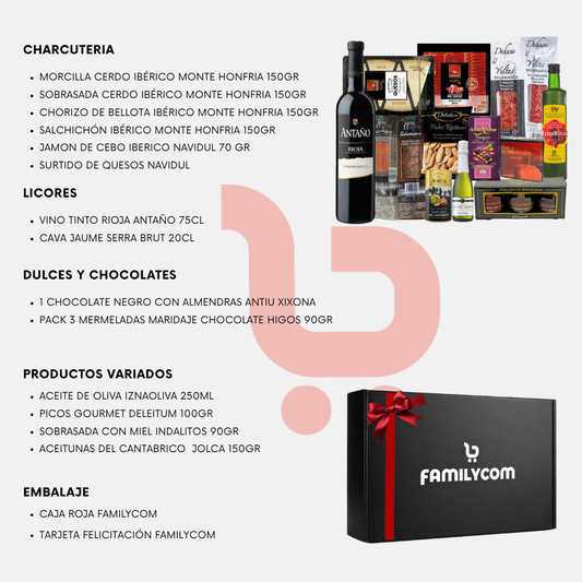 Cesta Gourmet para regalar. Lote Gourmet con Ibéricos de regalo. Empresa y Particular. Surtido de Bombones, chocolate, Vino, Embutidos, Aceite De Oliva Virgen. Regalo para parejas