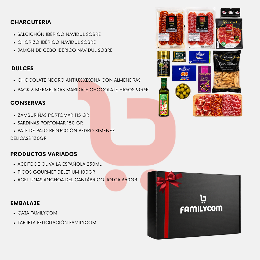 Cesta Gourmet sin Alcohol con Ibericos, chocolates, conservas, AOVE y picos.