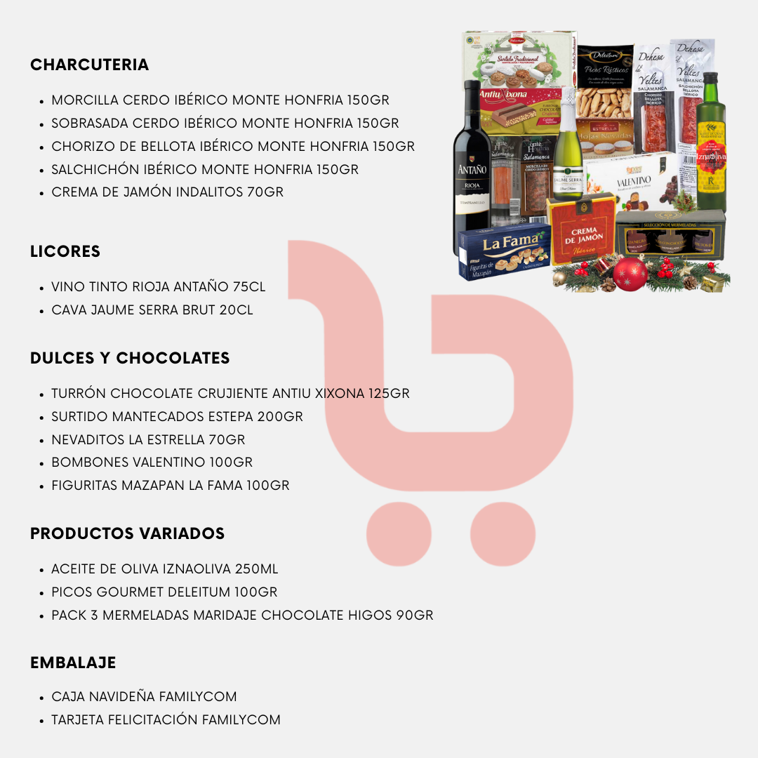 Cesta de Navidad Premium Familycom. Lote Gourmet con Ibéricos de regalo. Empresa y Particular. Surtido de Turrón, Mantecados, Vino, Embutidos, Bombones, Aceite De Oliva Virgen.