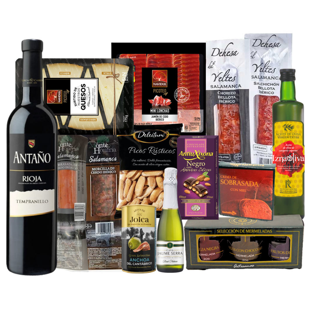 Cesta Gourmet para regalar. Lote Gourmet con Ibéricos de regalo. Empresa y Particular. Surtido de Bombones, chocolate, Vino, Embutidos, Aceite De Oliva Virgen. Regalo para parejas
