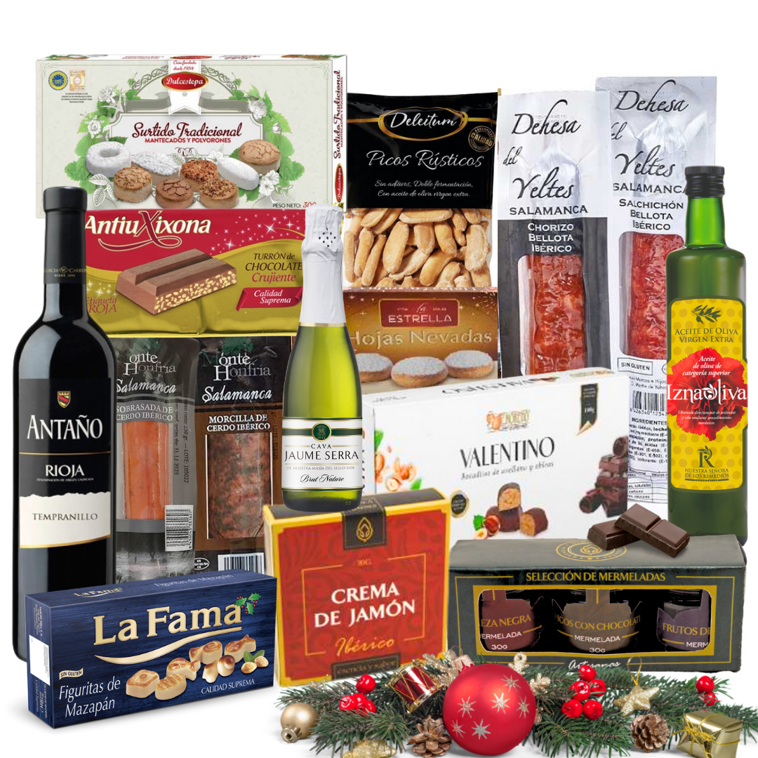 Cesta de Navidad Premium Familycom. Lote Gourmet con Ibéricos de regalo. Empresa y Particular. Surtido de Turrón, Mantecados, Vino, Embutidos, Bombones, Aceite De Oliva Virgen.