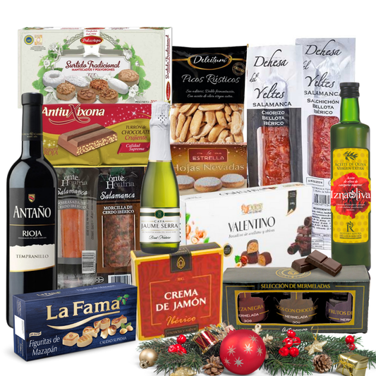Cesta de Navidad Premium Familycom. Lote Gourmet con Ibéricos de regalo. Empresa y Particular. Surtido de Turrón, Mantecados, Vino, Embutidos, Bombones, Aceite De Oliva Virgen.