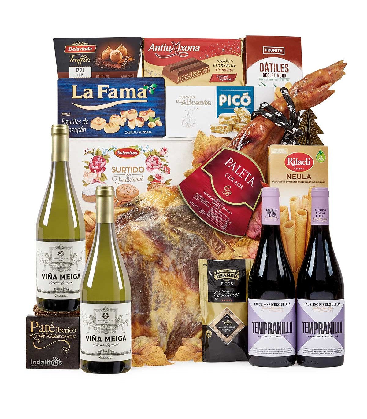 Cesta Navidad Gourmet para regalar. Surtido con Paleta Curada y Chocolates originales de regalo. Lote de Turrón, Trufas, Mantecados, Jamón , Selección de Vinos , Dátiles y Barquillos.
