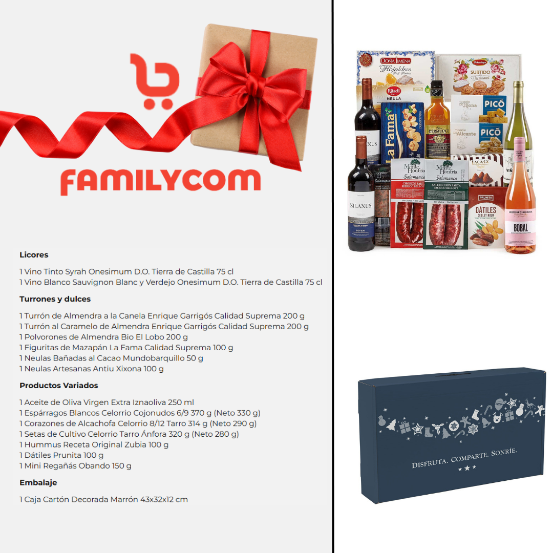 Cesta de Navidad 7 para regalar. Lote Gourmet con Ibéricos de regalo. Empresa y Particular. Surtido de Turrones, Mantecados, Vino, Embutidos, Trufas, Ron añejo, Dátiles.