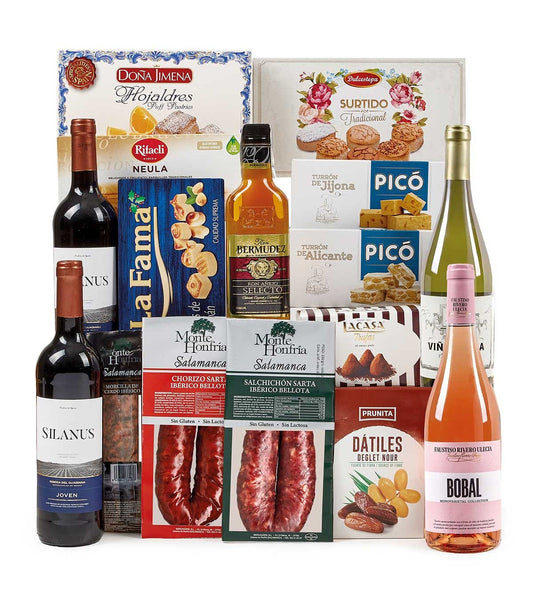 Cesta de Navidad 7 para regalar. Lote Gourmet con Ibéricos de regalo. Empresa y Particular. Surtido de Turrones, Mantecados, Vino, Embutidos, Trufas, Ron añejo, Dátiles.