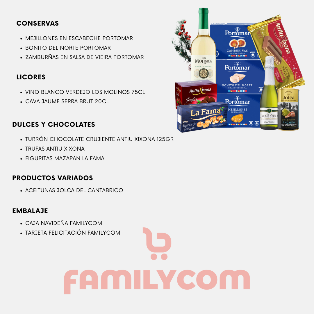 Cesta Gourmet de Navidad Portomar, con Zamburiñas, Bonito del Norte, Mejillones, Vino blanco y Dulces Navideños