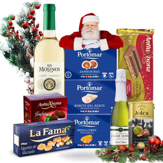 Cesta Gourmet de Navidad Portomar, con Zamburiñas, Bonito del Norte, Mejillones, Vino blanco y Dulces Navideños