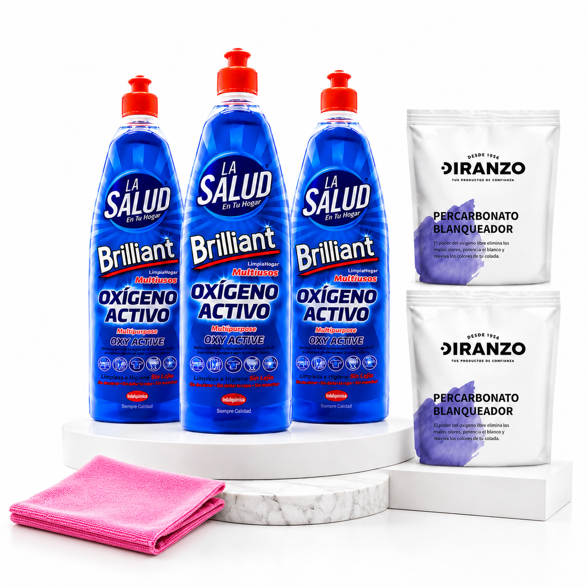 Pack 2 Percarbonato Blanqueador Diranzo 750 gr + 3 Oxigeno Activo La Salud 1000 ml + 1 Paño Microfibra. Quitamanchas, Blanqueante y Elimina Olores y Grasa.
