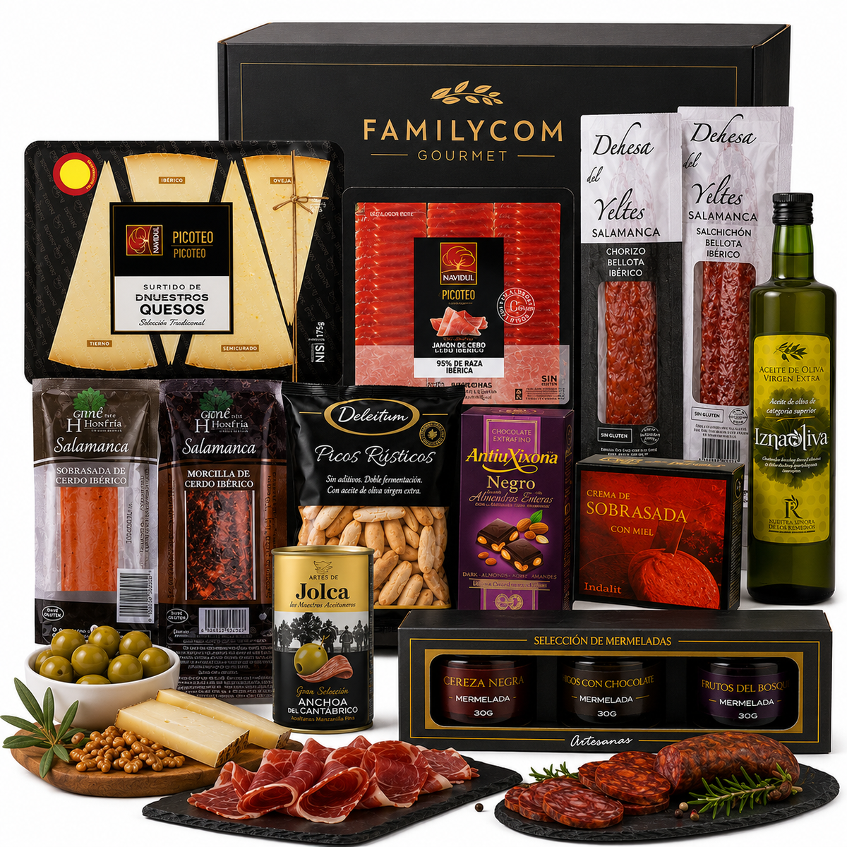 Cesta Gourmet para regalar - Lote gourmet con Ibéricos de regalo - Surtido de Bombones, chocolate, Embutidos, Aceite De Oliva Virgen - Regalos originales para El, Ella - Sin Alcohol