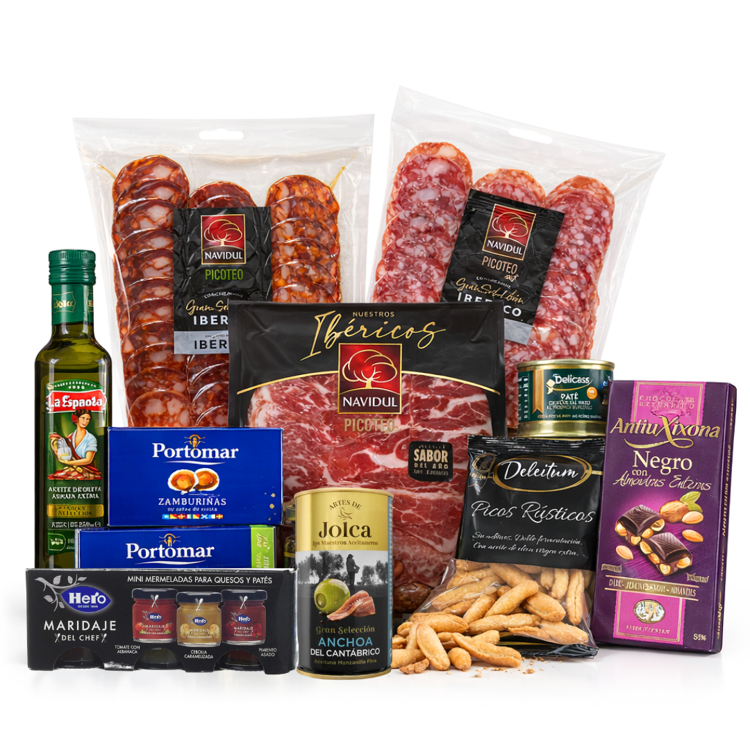 Cesta Gourmet sin Alcohol con Ibericos, chocolates, conservas, AOVE y picos.
