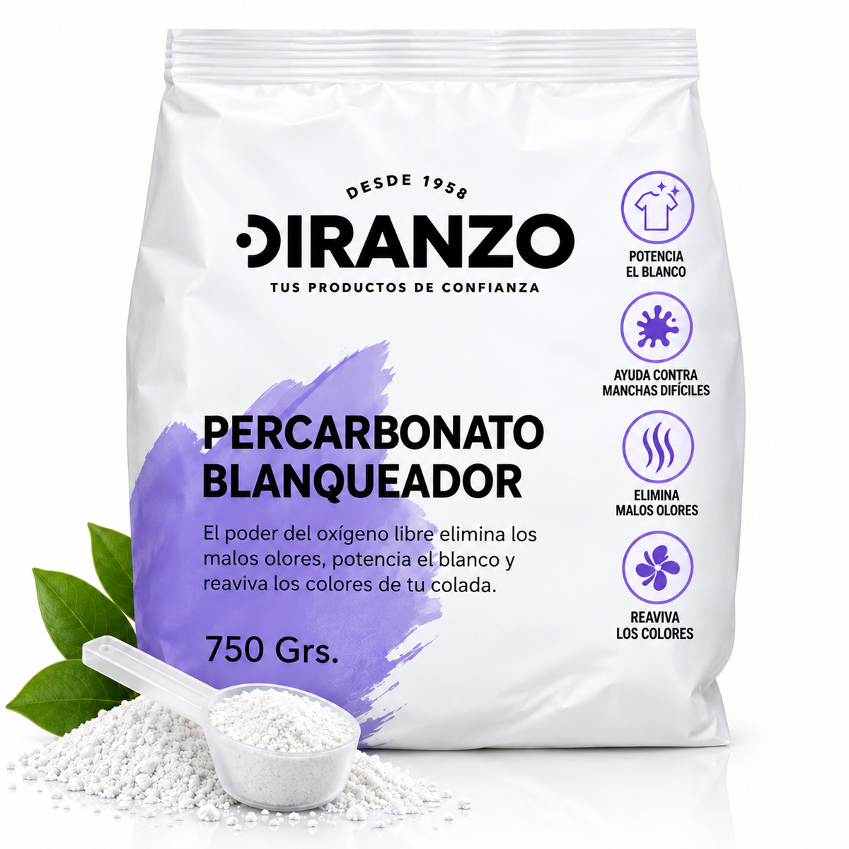 Percarbonato Blanqueador Diranzo 750g. 100% Puro, Quitamanchas, Higienizante.