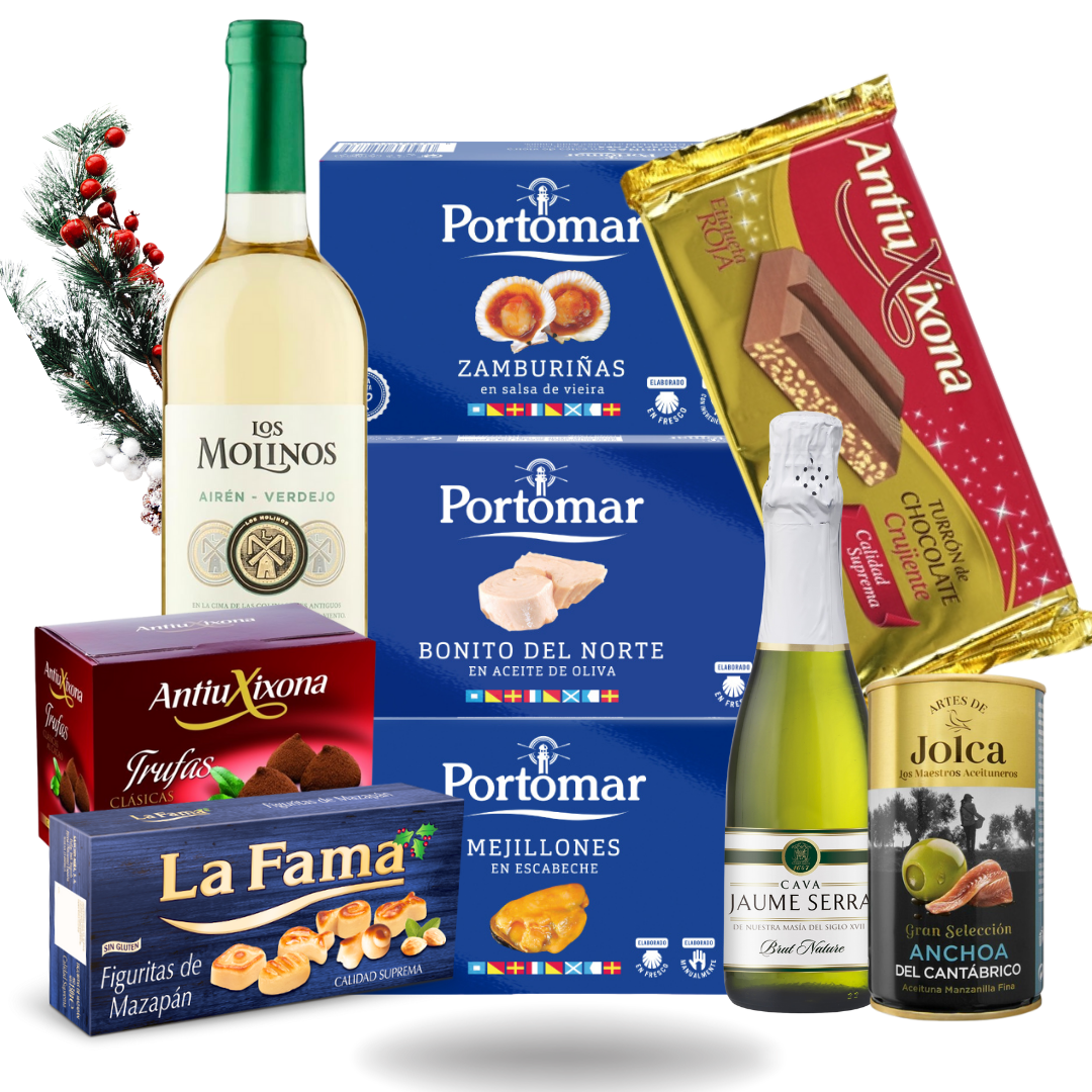 Cesta Gourmet de Navidad Portomar, con Zamburiñas, Bonito del Norte, Mejillones, Vino blanco y Dulces Navideños