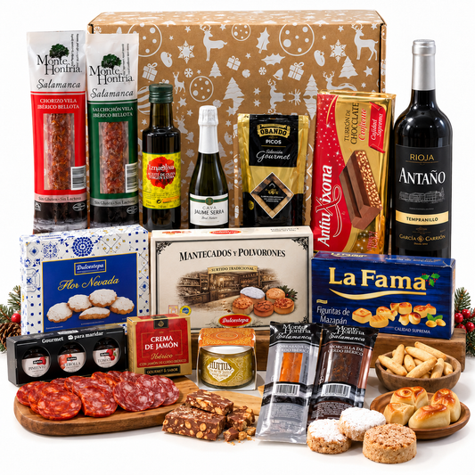 Cesta de Navidad  para regalar. Lote Gourmet con Ibéricos de regalo. Empresa y Particular. Surtido de Turrones, Mantecados, Vino, Embutidos,