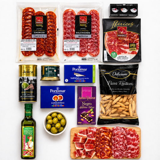 Cesta Gourmet sin Alcohol con Ibericos, chocolates, conservas, AOVE y picos.